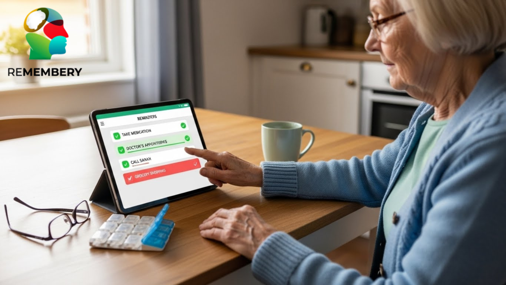 Senior using reminder app to manage daily tasks