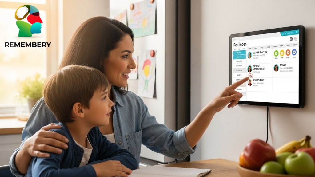 Family using reminder app to manage daily schedules