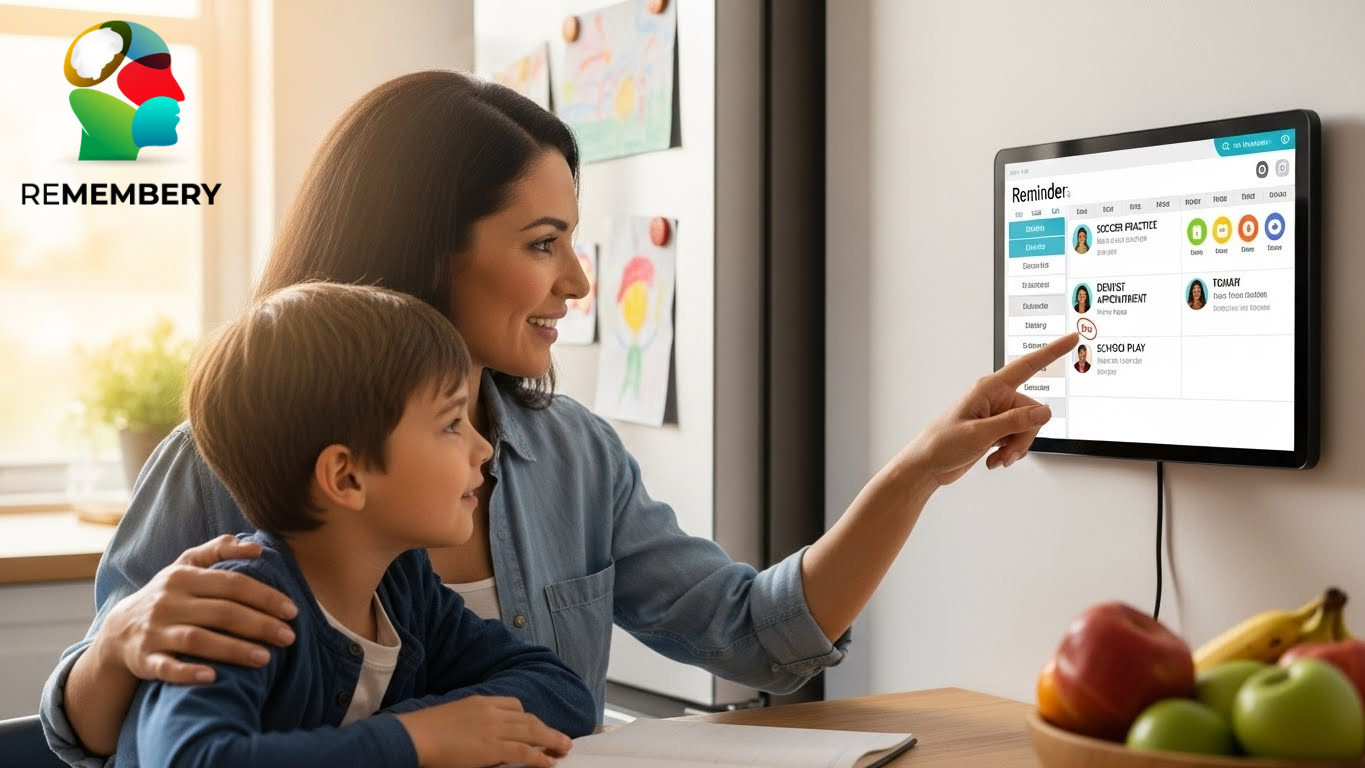 Family using reminder app to manage daily schedules