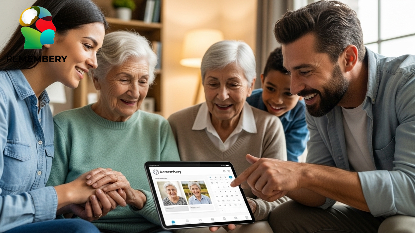 Elderly parent using a digital reminder app while caregiver assists at home